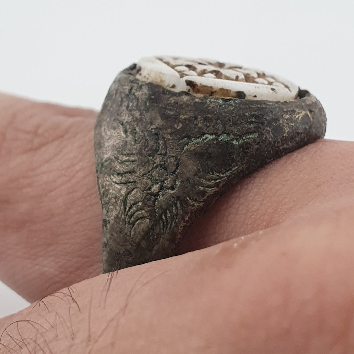 Ancient Inspired Brass Ring with Hand Carved Bone Inlay