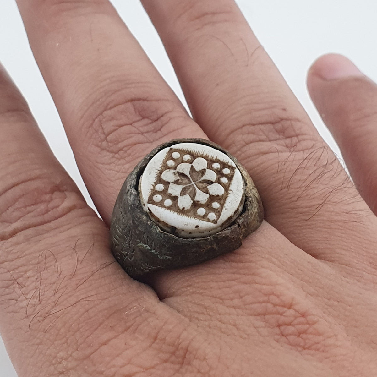 Ancient Inspired Brass Ring with Hand Carved Bone Inlay