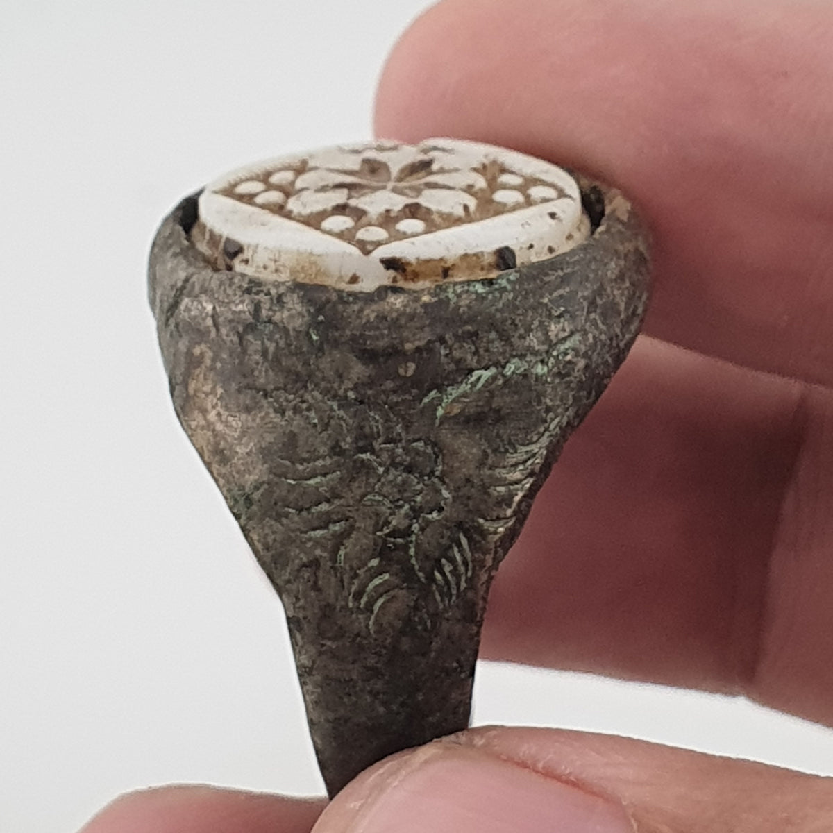 Ancient Inspired Brass Ring with Hand Carved Bone Inlay