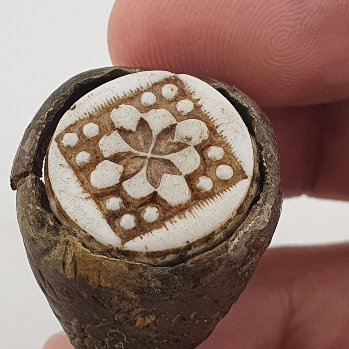 Ancient Inspired Brass Ring with Hand Carved Bone Inlay