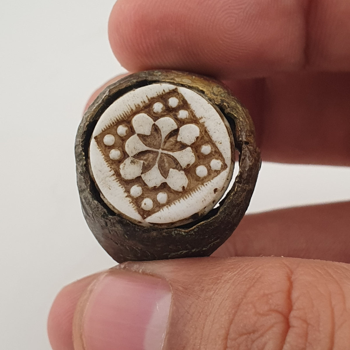 Ancient Inspired Brass Ring with Hand Carved Bone Inlay