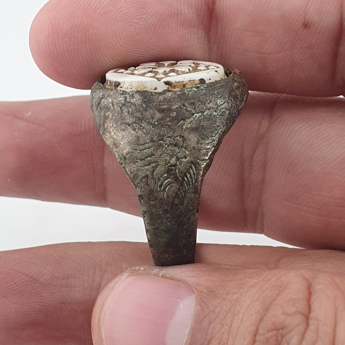 Ancient Inspired Brass Ring with Hand Carved Bone Inlay