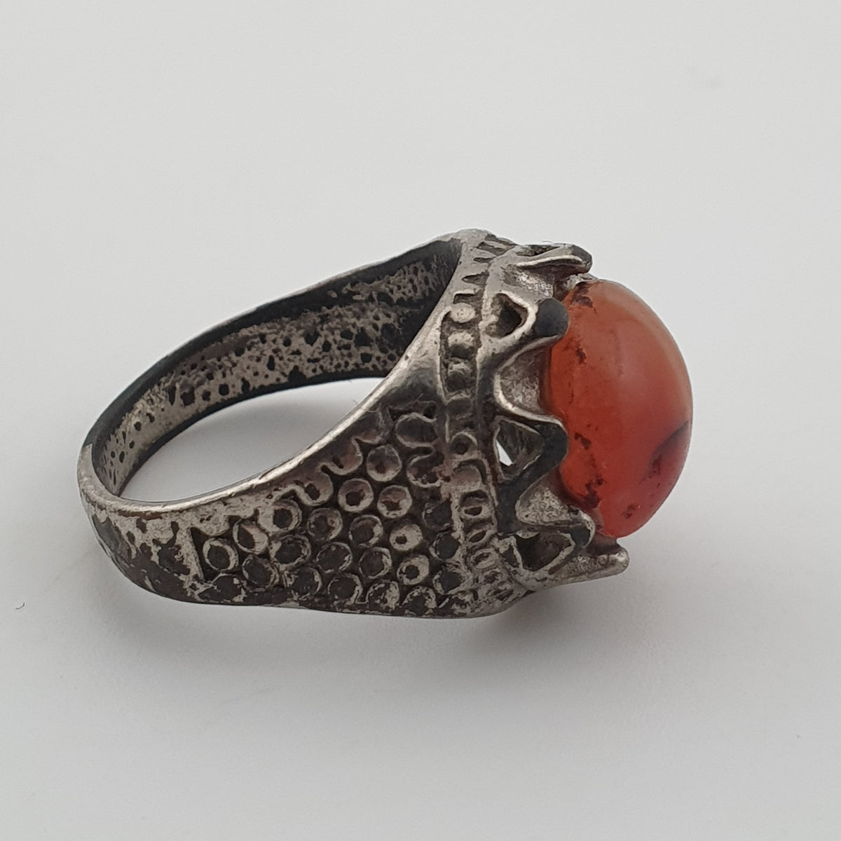 Vintage Traditional Brass Ring with Agate Stone Rustic Artisan Statement Ring