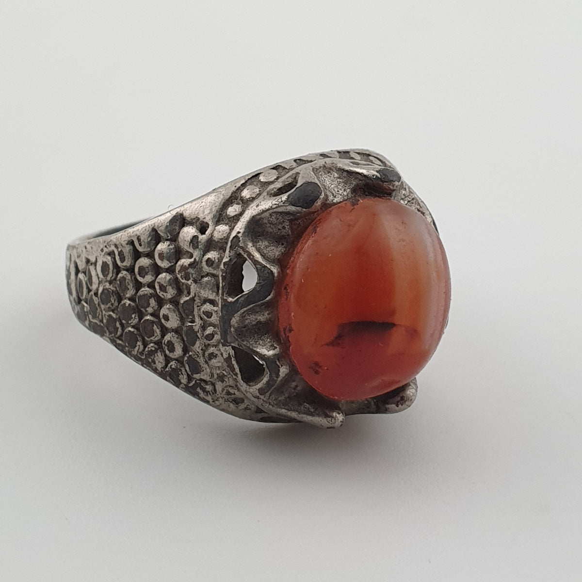 Vintage Traditional Brass Ring with Agate Stone Rustic Artisan Statement Ring