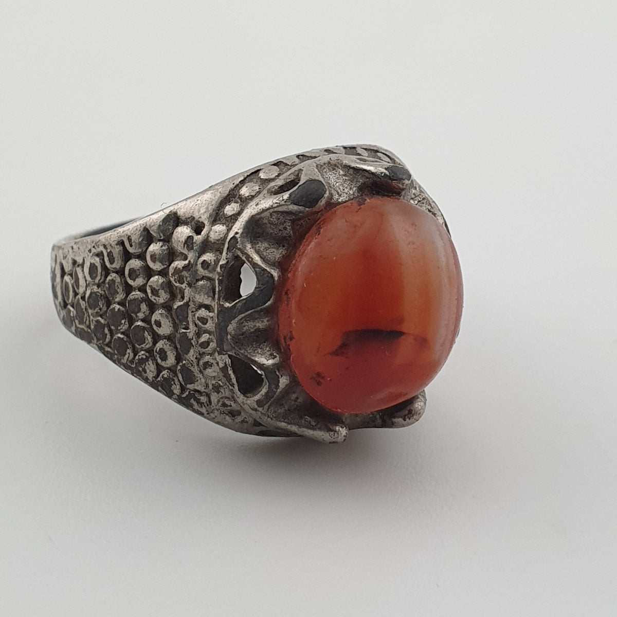 Vintage Traditional Brass Ring with Agate Stone Rustic Artisan Statement Ring