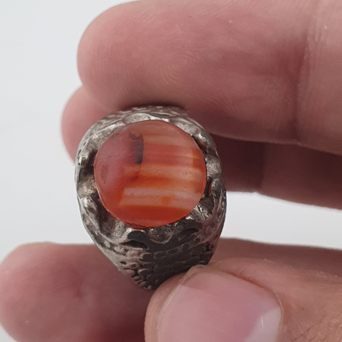 Vintage Traditional Brass Ring with Agate Stone Rustic Artisan Statement Ring