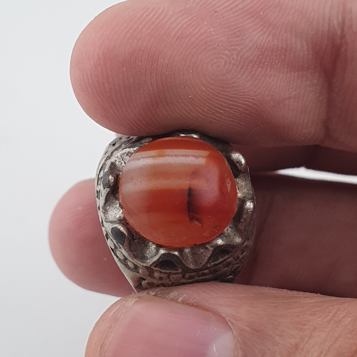 Vintage Traditional Brass Ring with Agate Stone Rustic Artisan Statement Ring