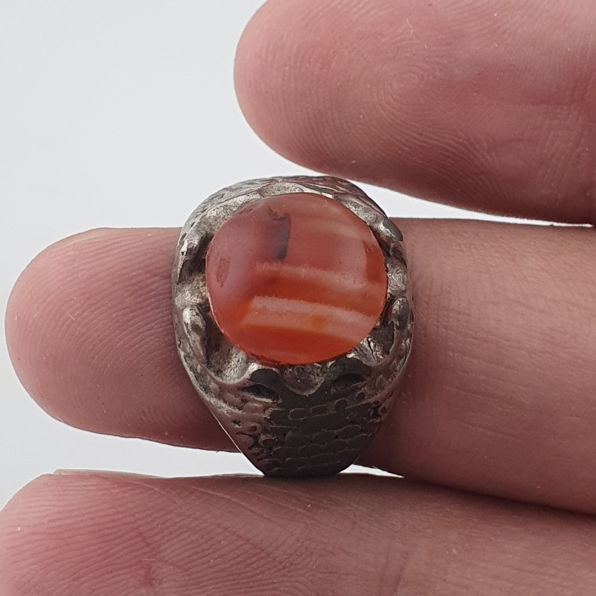 Vintage Traditional Brass Ring with Agate Stone Rustic Artisan Statement Ring