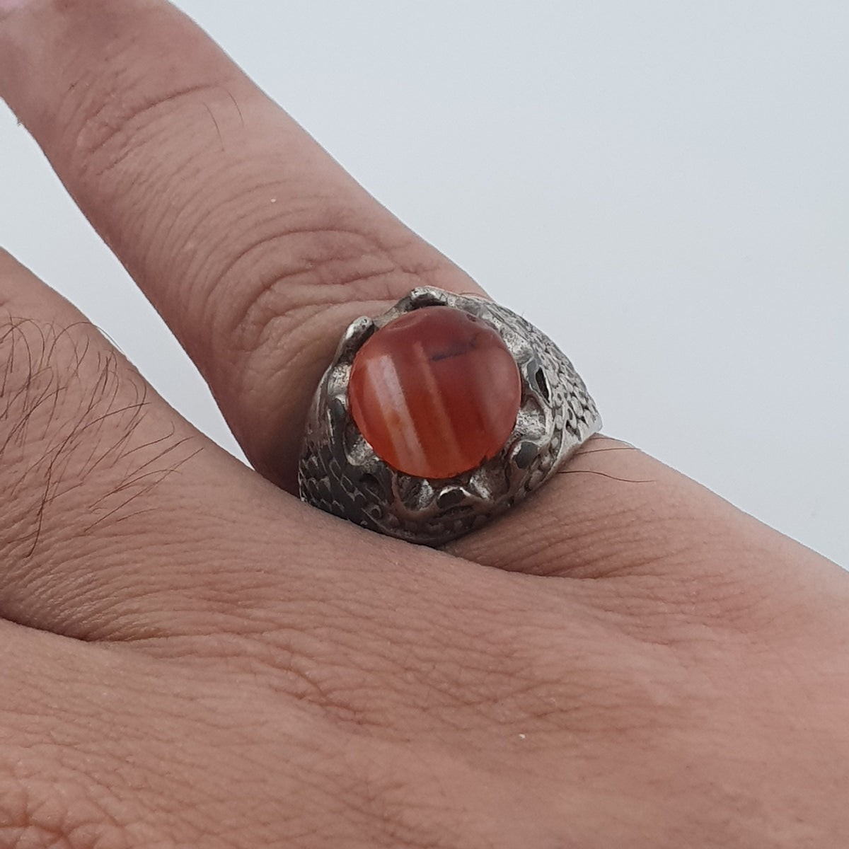 Vintage Traditional Brass Ring with Agate Stone Rustic Artisan Statement Ring