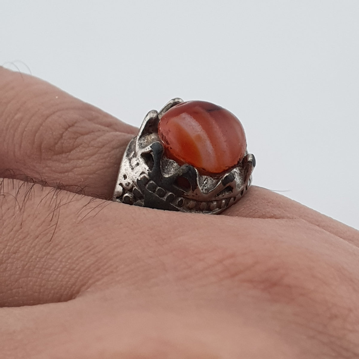 Vintage Traditional Brass Ring with Agate Stone Rustic Artisan Statement Ring