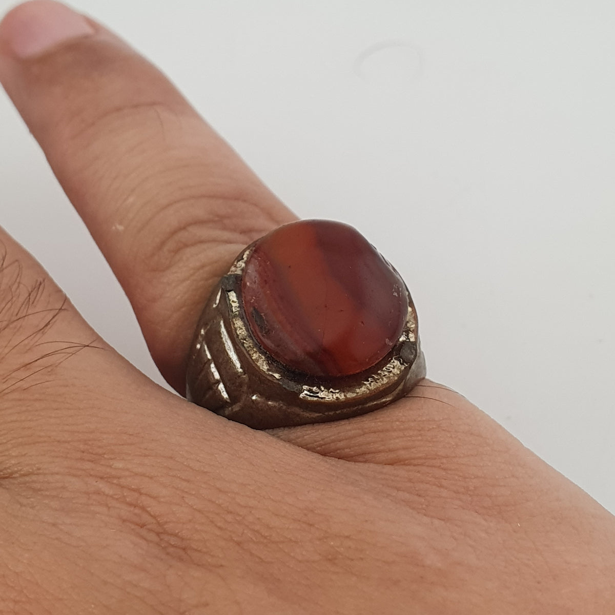 Antique Brass Ring with Agate Stone Rustic Artisan Statement Ring