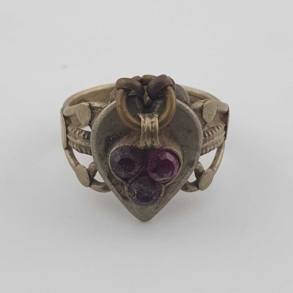 Antique Style Tribal Brass Ring with Red Zirconia and Hanging Bells