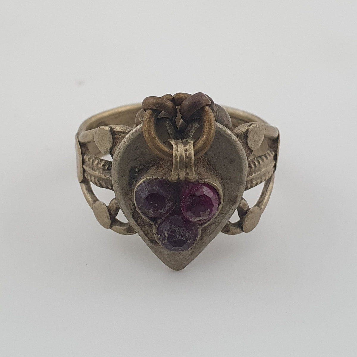 Antique Style Tribal Brass Ring with Red Zirconia and Hanging Bells