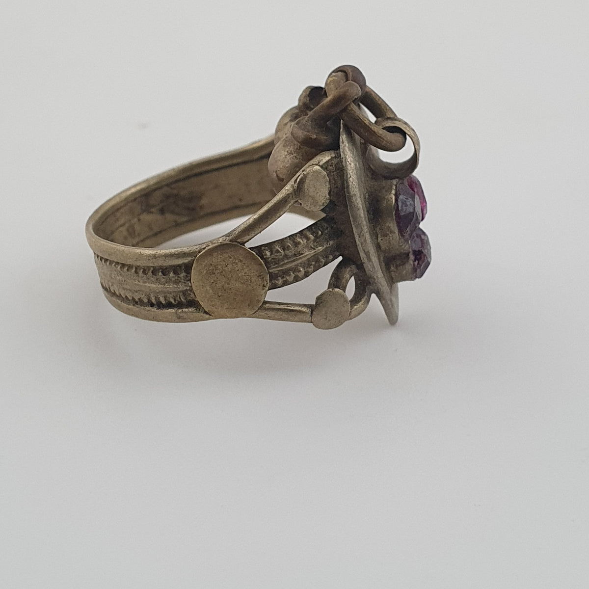 Antique Style Tribal Brass Ring with Red Zirconia and Hanging Bells
