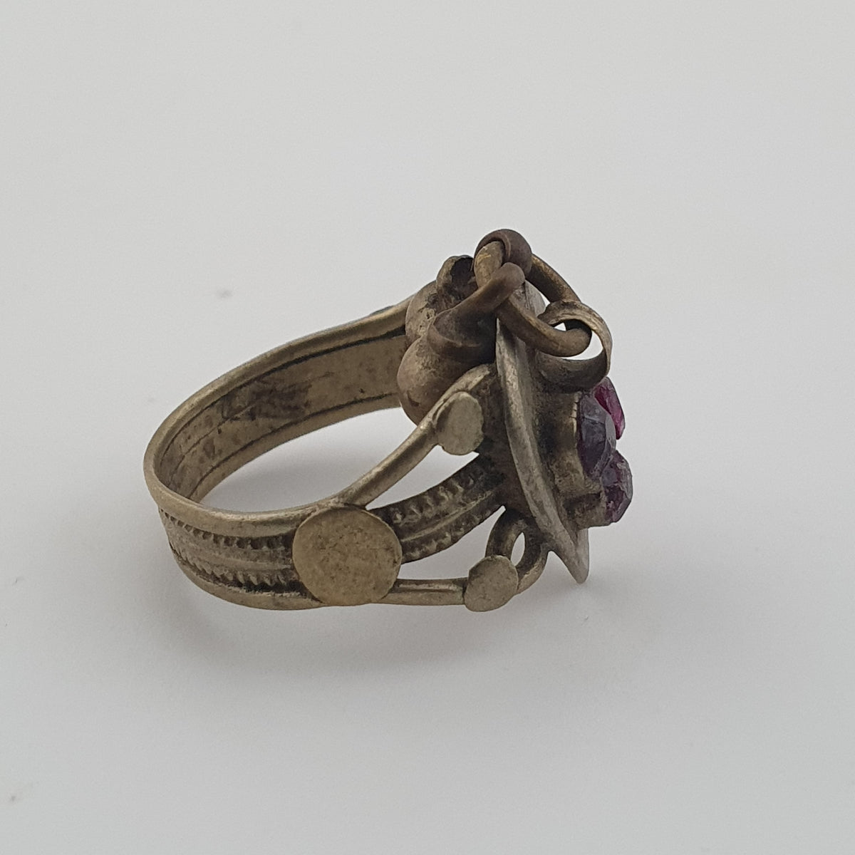 Antique Style Tribal Brass Ring with Red Zirconia and Hanging Bells