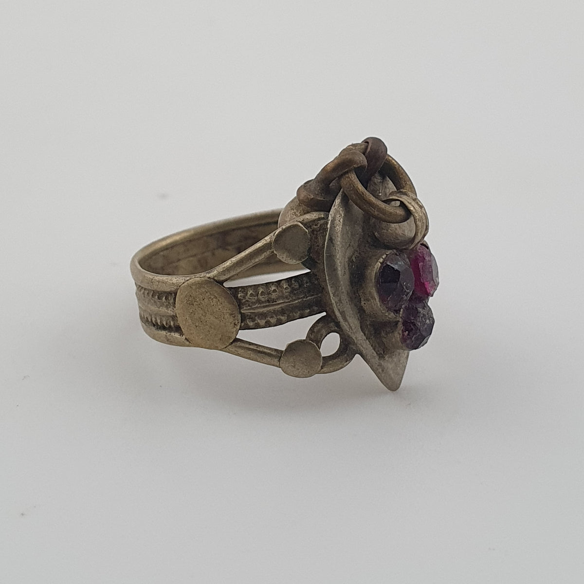 Antique Style Tribal Brass Ring with Red Zirconia and Hanging Bells