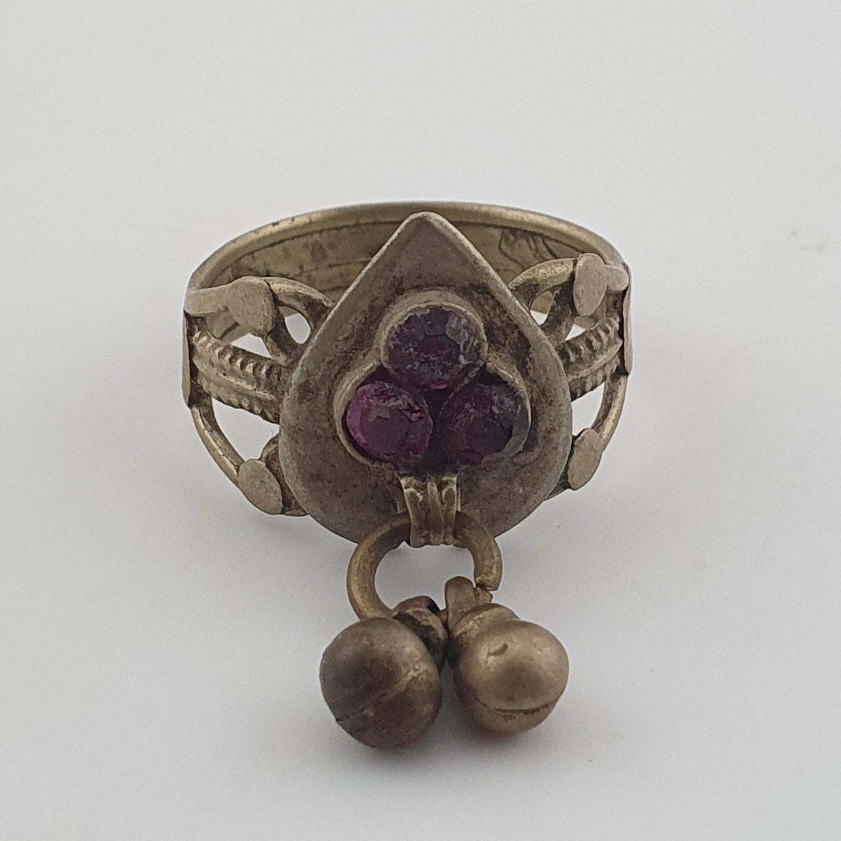 Antique Style Tribal Brass Ring with Red Zirconia and Hanging Bells