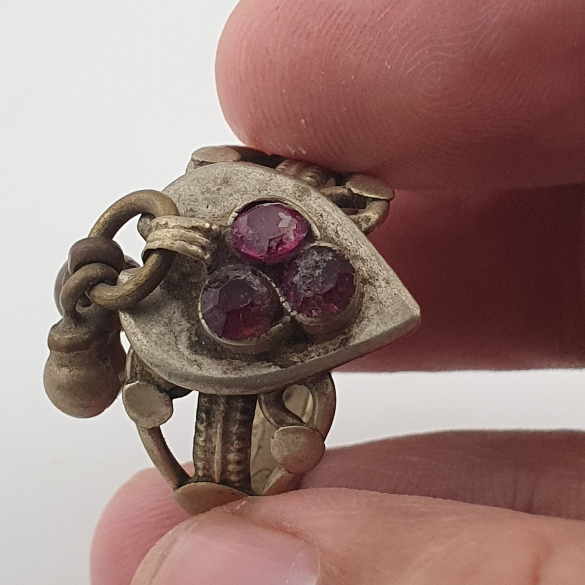Antique Style Tribal Brass Ring with Red Zirconia and Hanging Bells