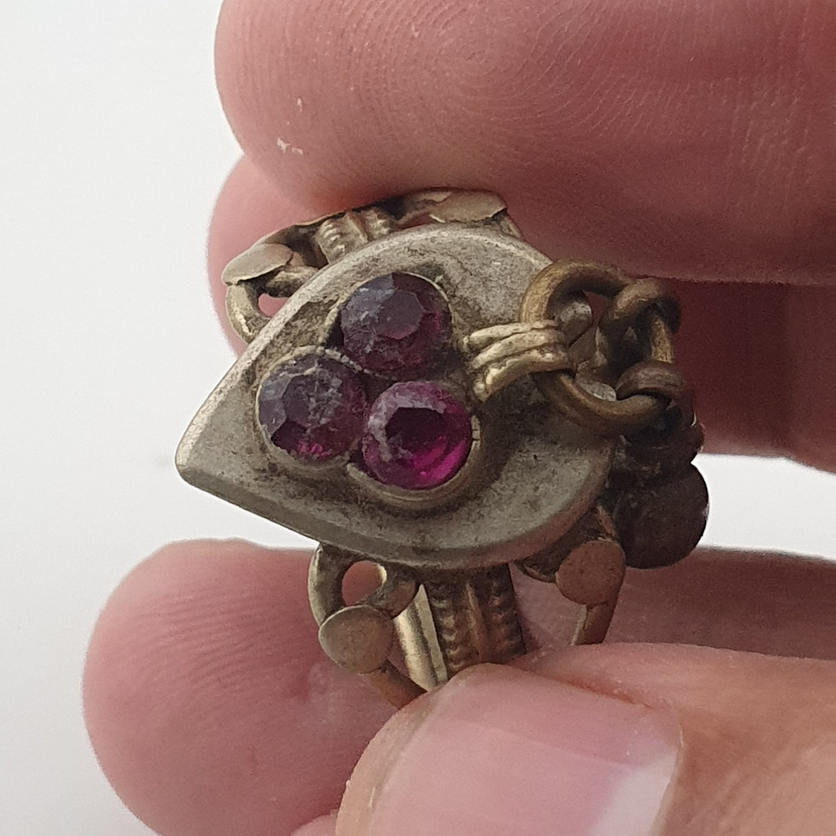 Antique Style Tribal Brass Ring with Red Zirconia and Hanging Bells