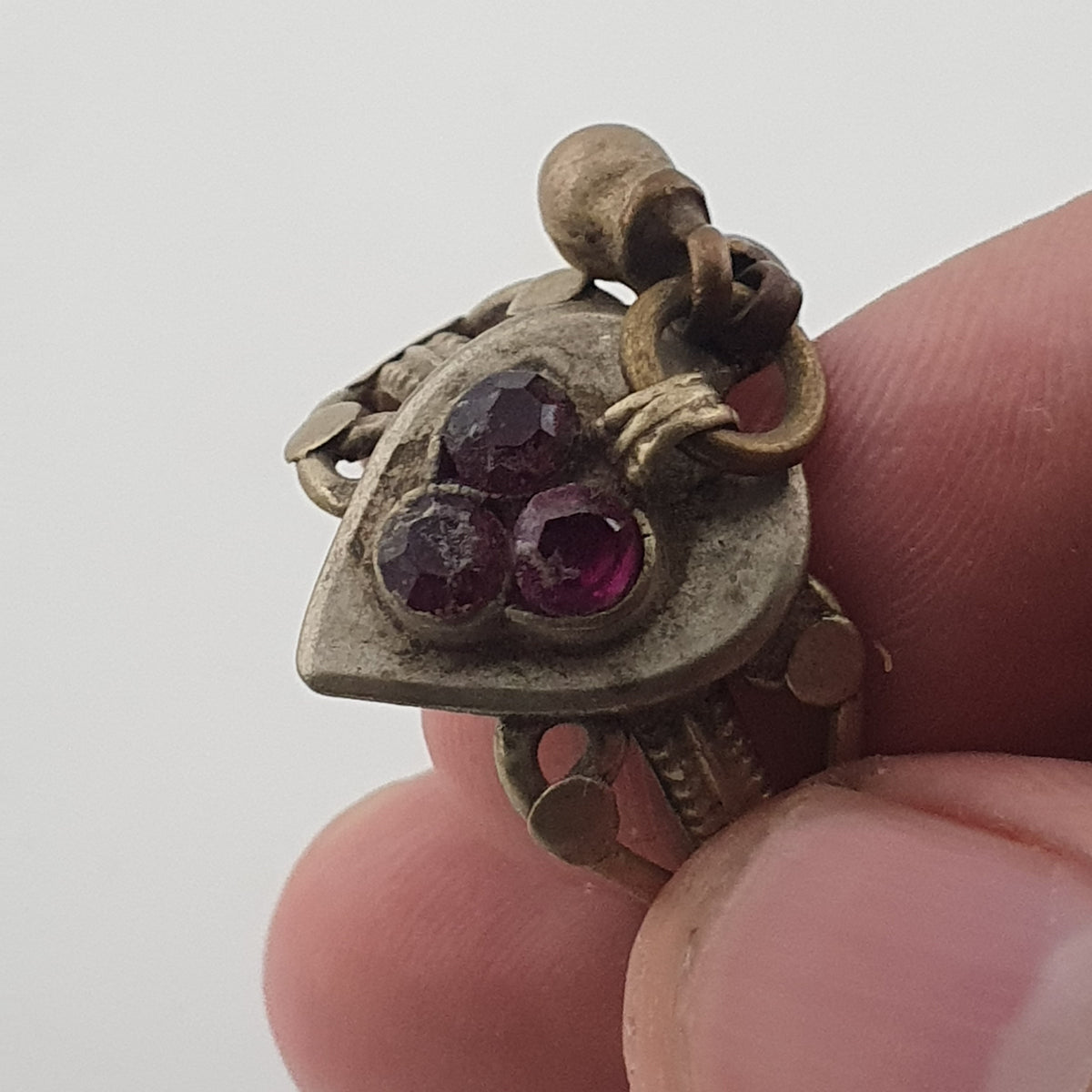 Antique Style Tribal Brass Ring with Red Zirconia and Hanging Bells