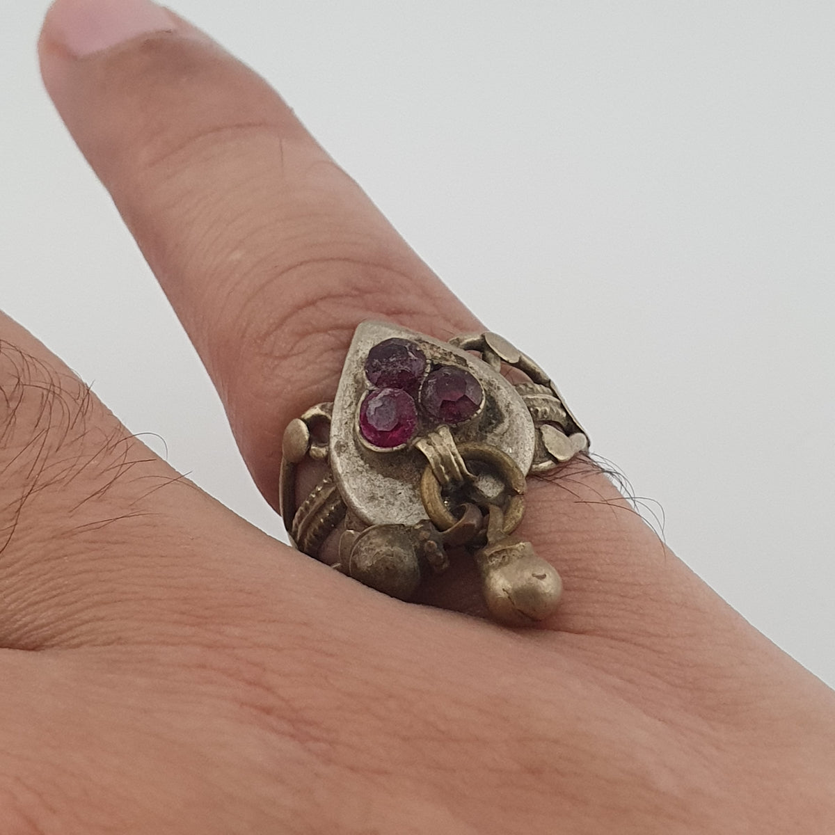 Antique Style Tribal Brass Ring with Red Zirconia and Hanging Bells