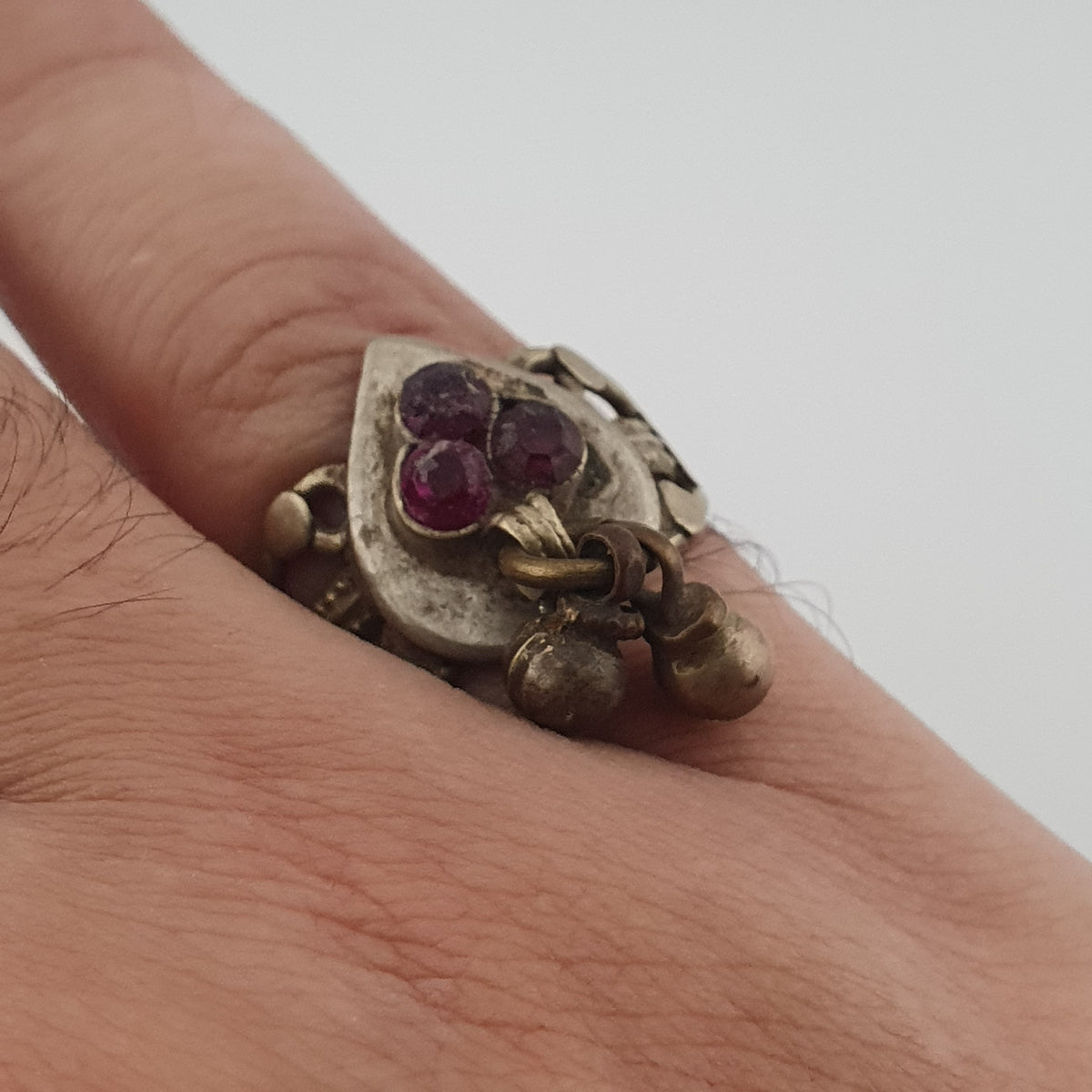 Antique Style Tribal Brass Ring with Red Zirconia and Hanging Bells