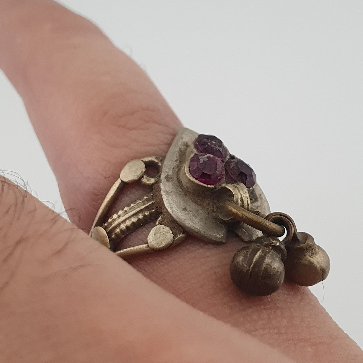 Antique Style Tribal Brass Ring with Red Zirconia and Hanging Bells