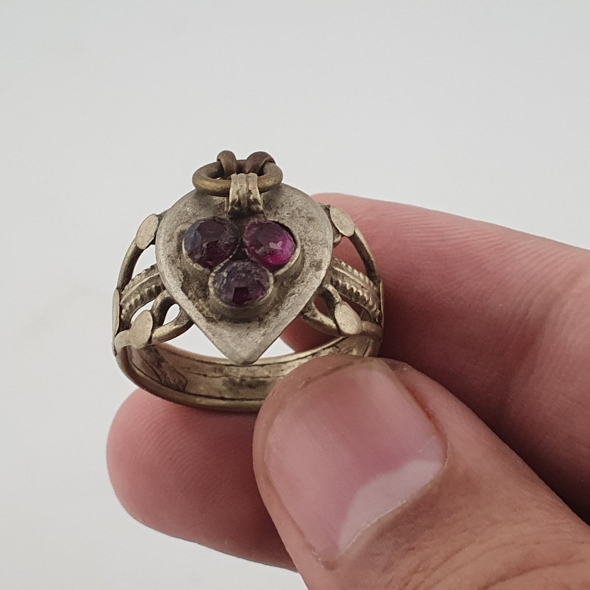 Antique Style Tribal Brass Ring with Red Zirconia and Hanging Bells