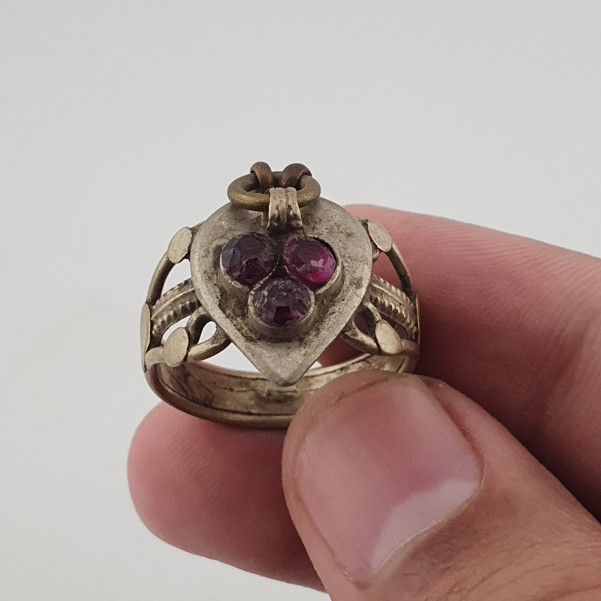 Antique Style Tribal Brass Ring with Red Zirconia and Hanging Bells
