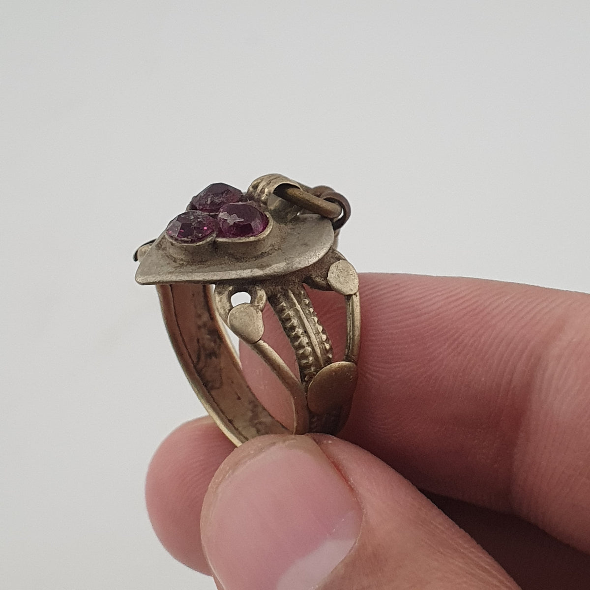 Antique Style Tribal Brass Ring with Red Zirconia and Hanging Bells