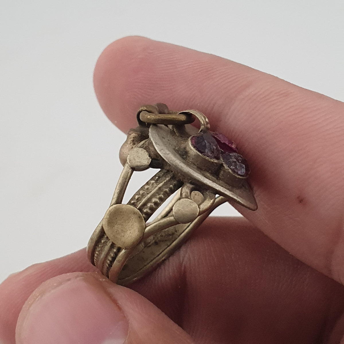 Antique Style Tribal Brass Ring with Red Zirconia and Hanging Bells
