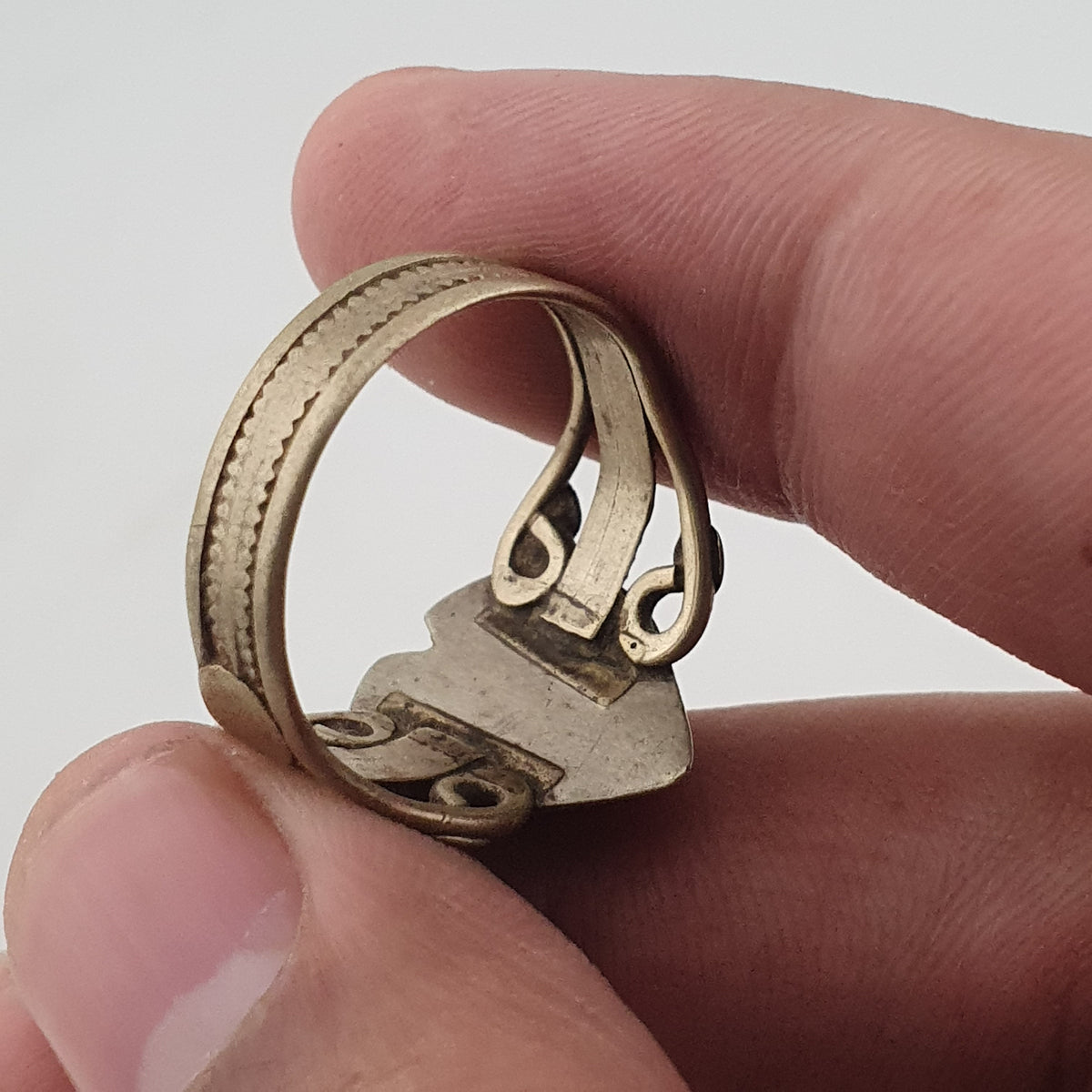 Antique Style Tribal Brass Ring with Red Zirconia and Hanging Bells