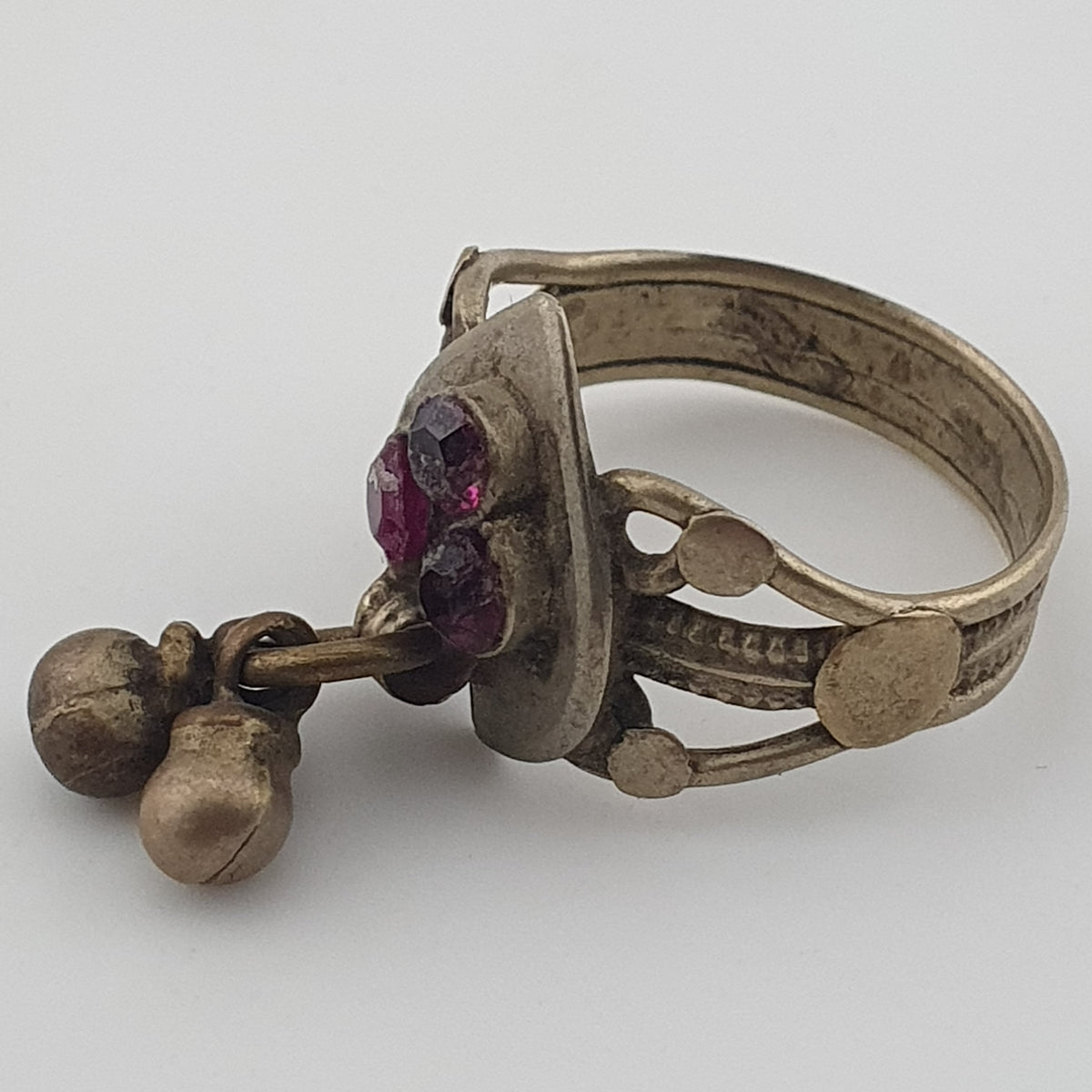Antique Style Tribal Brass Ring with Red Zirconia and Hanging Bells