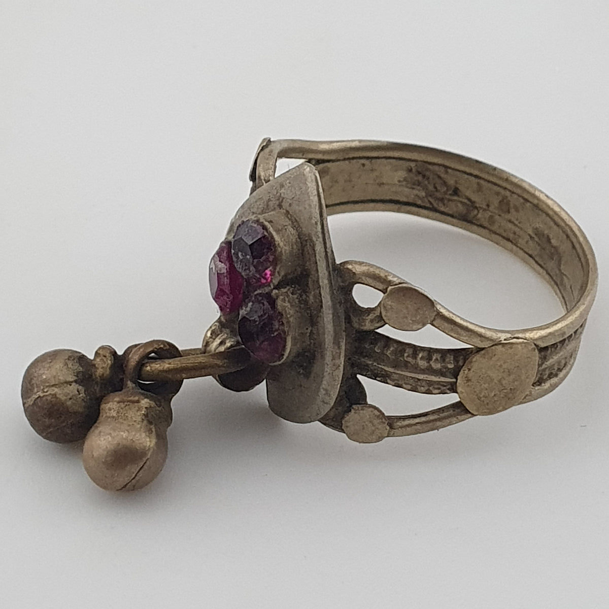 Antique Style Tribal Brass Ring with Red Zirconia and Hanging Bells