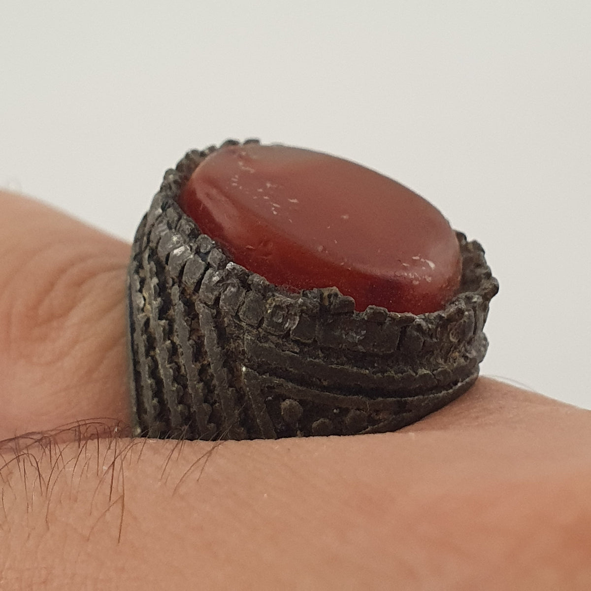 Ancient Tribal Brass Ring with Agate Rustic Heritage Design