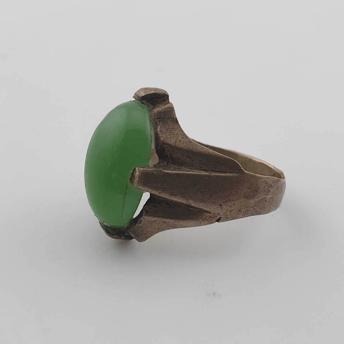 Antique Rustic Brass Ring with Green Jade Stone