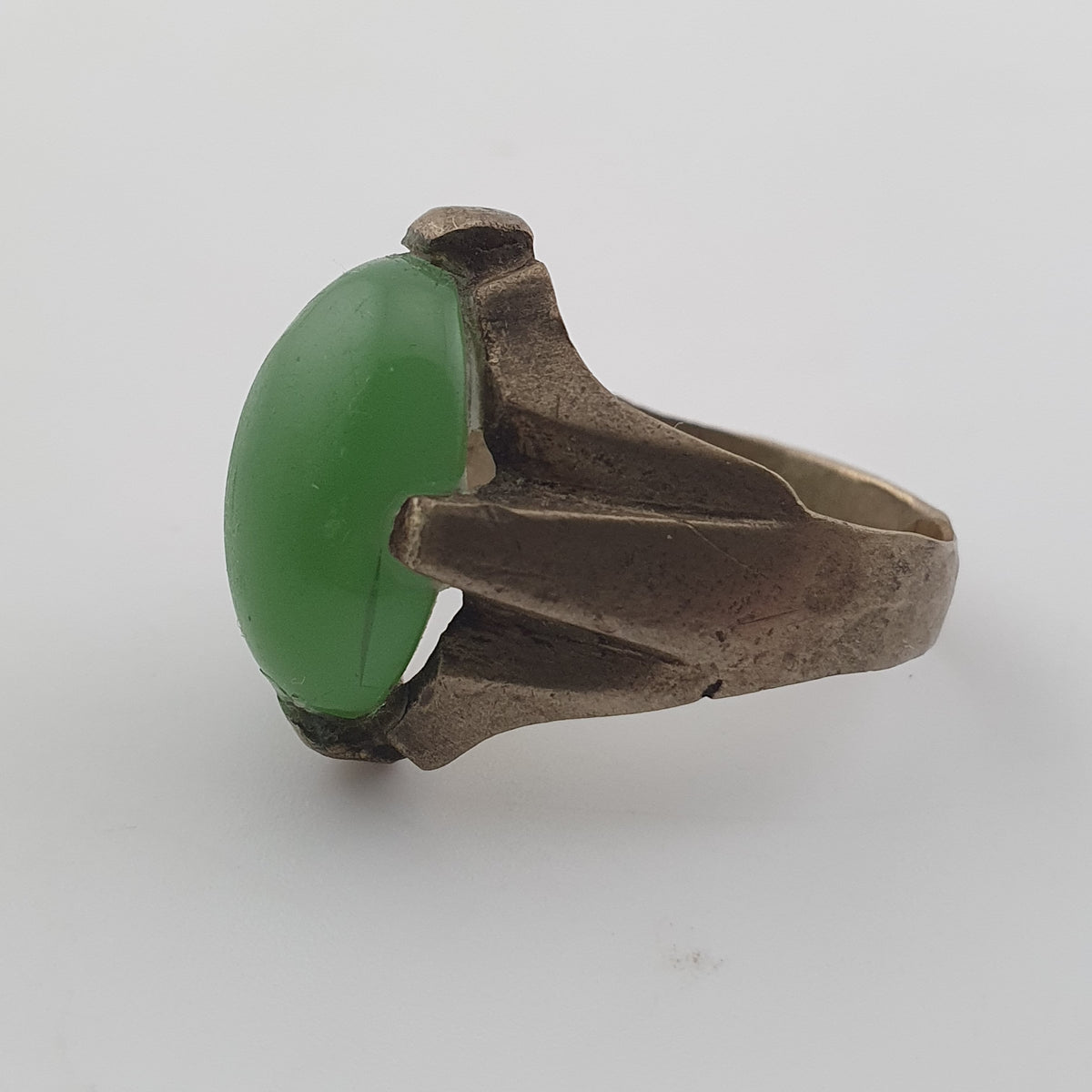 Antique Rustic Brass Ring with Green Jade Stone
