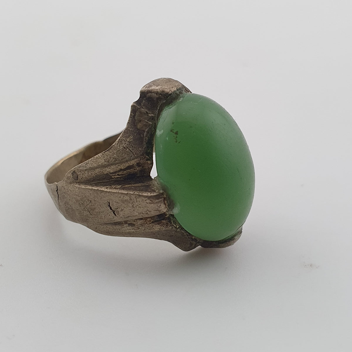 Antique Rustic Brass Ring with Green Jade Stone