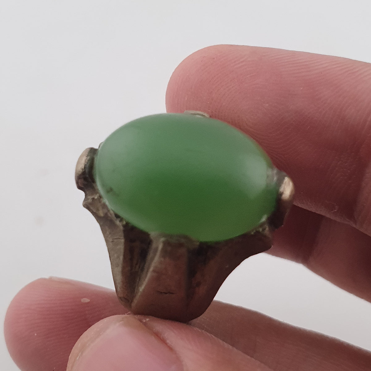 Antique Rustic Brass Ring with Green Jade Stone