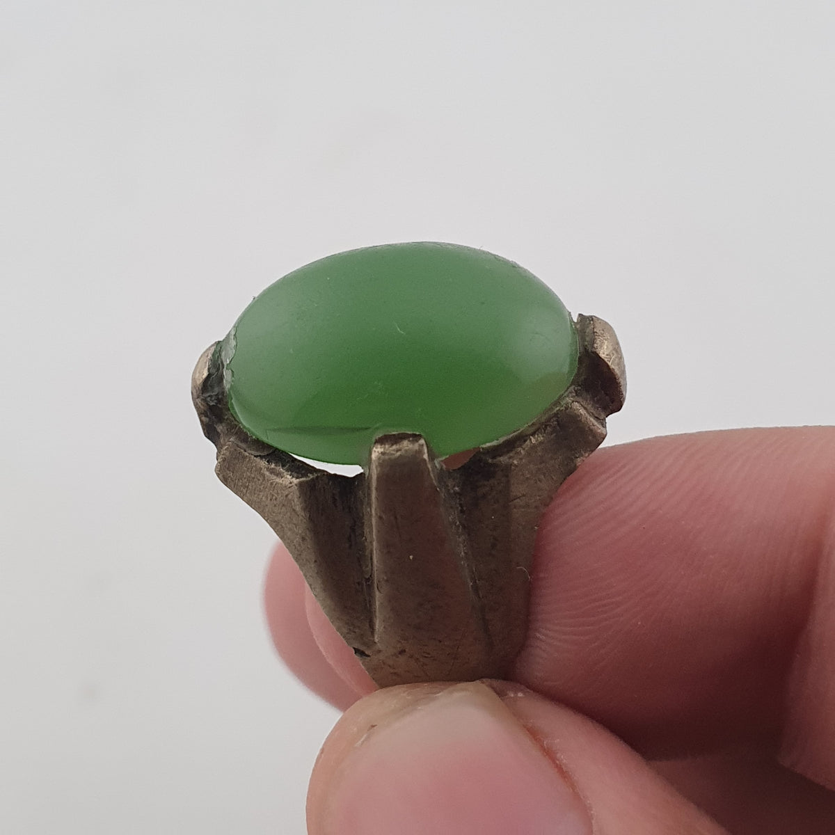 Antique Rustic Brass Ring with Green Jade Stone
