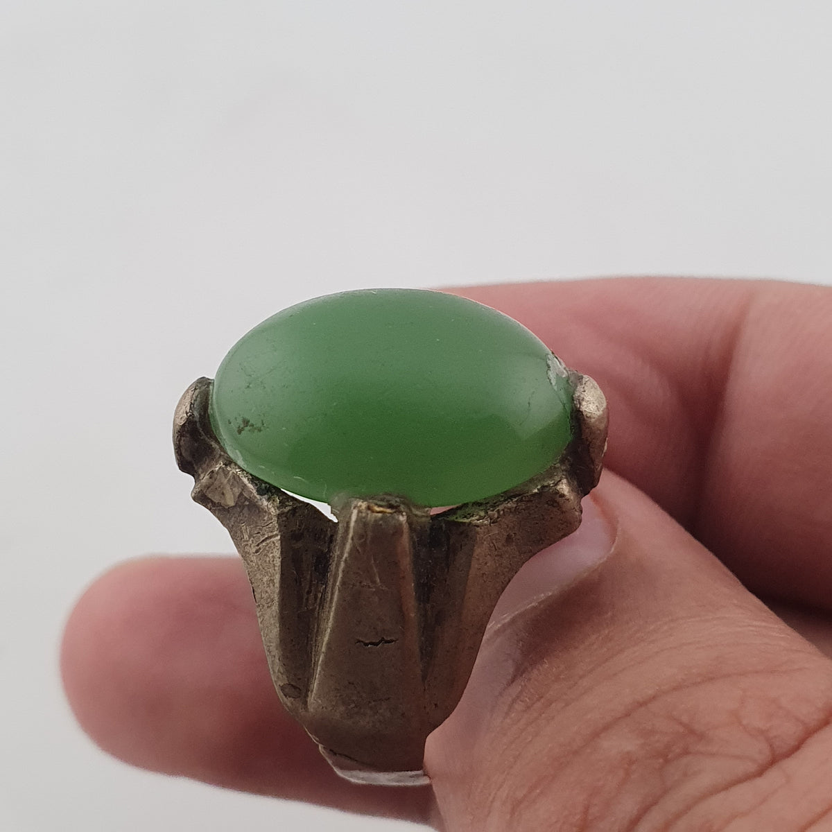Antique Rustic Brass Ring with Green Jade Stone