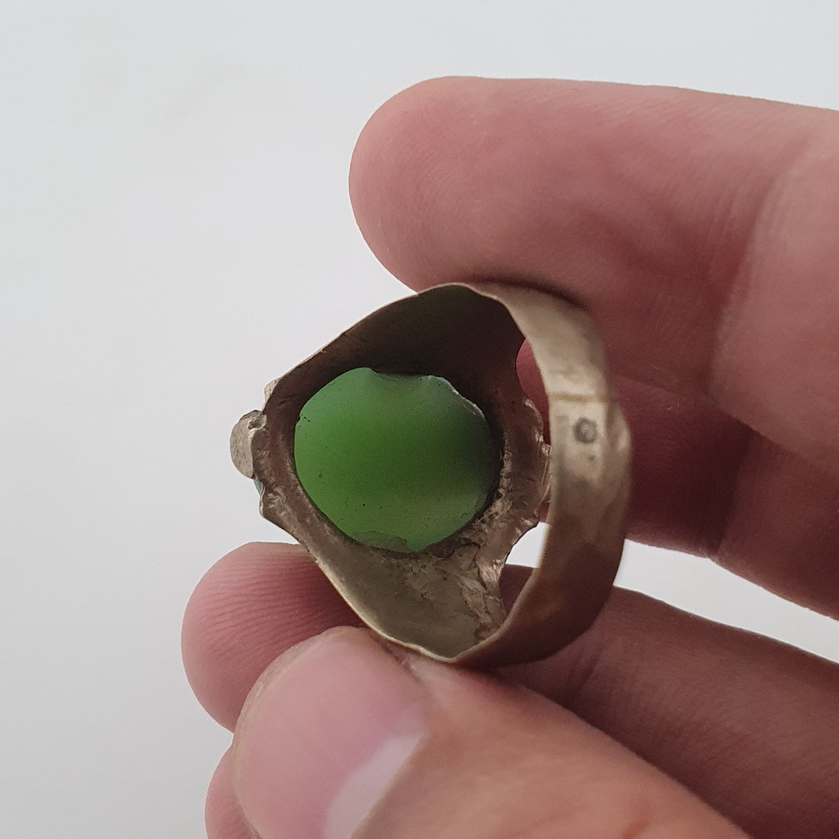 Antique Rustic Brass Ring with Green Jade Stone