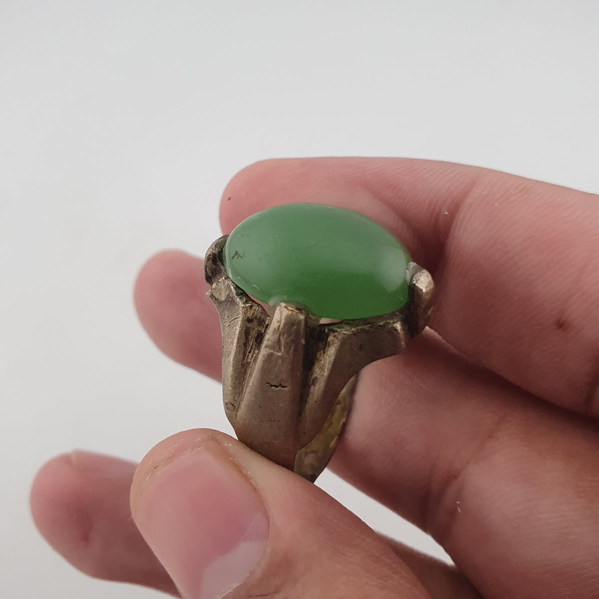 Antique Rustic Brass Ring with Green Jade Stone