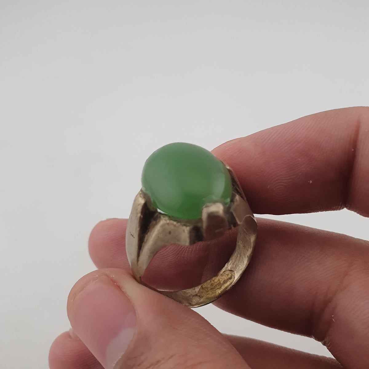 Antique Rustic Brass Ring with Green Jade Stone