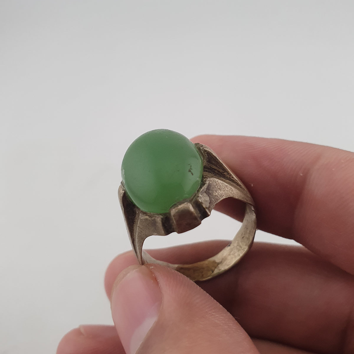 Antique Rustic Brass Ring with Green Jade Stone
