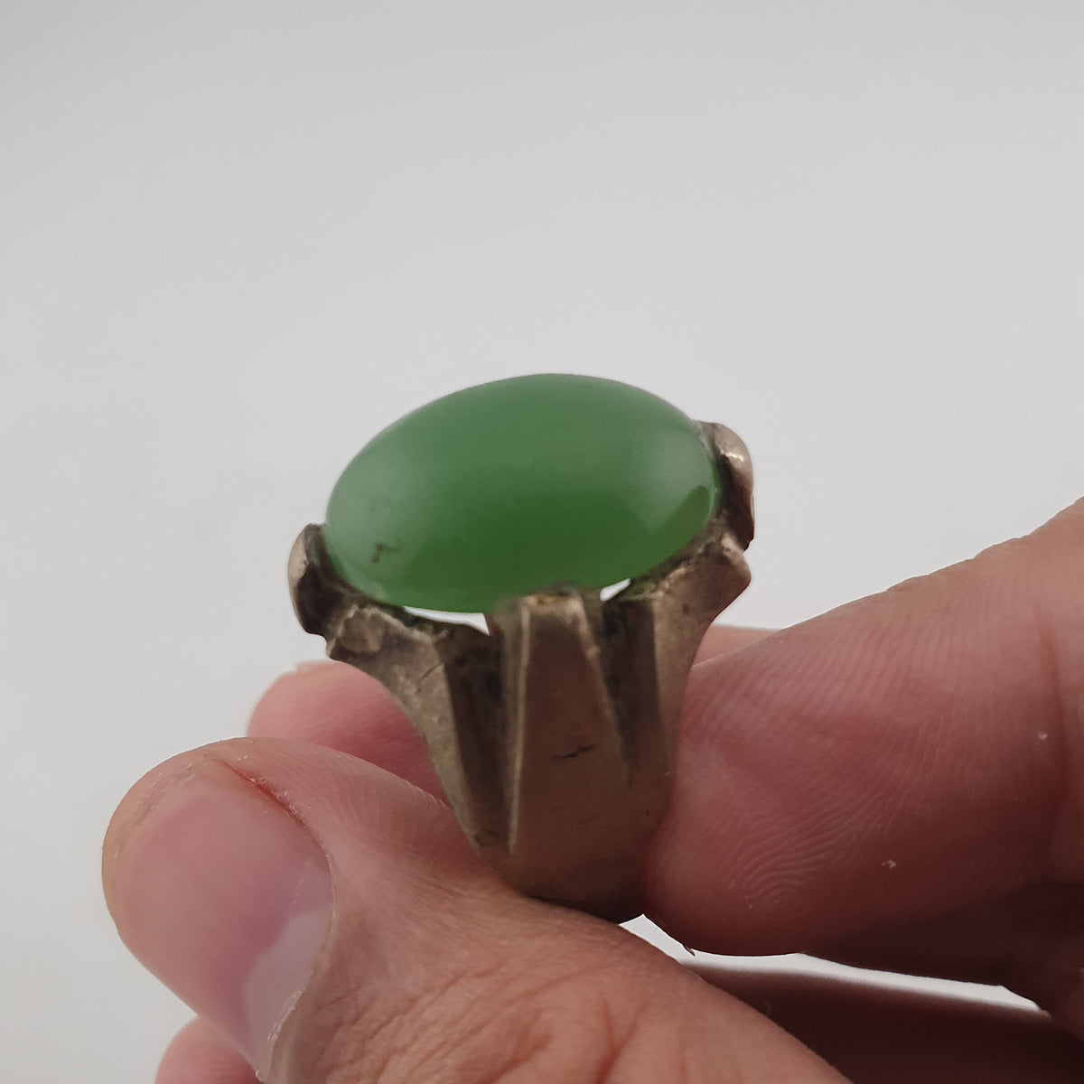 Antique Rustic Brass Ring with Green Jade Stone