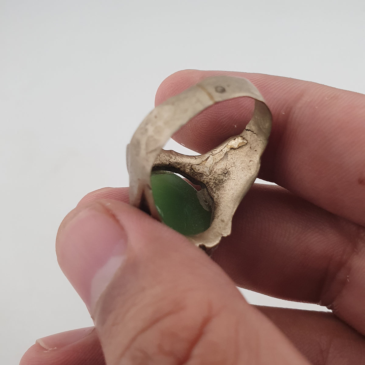 Antique Rustic Brass Ring with Green Jade Stone