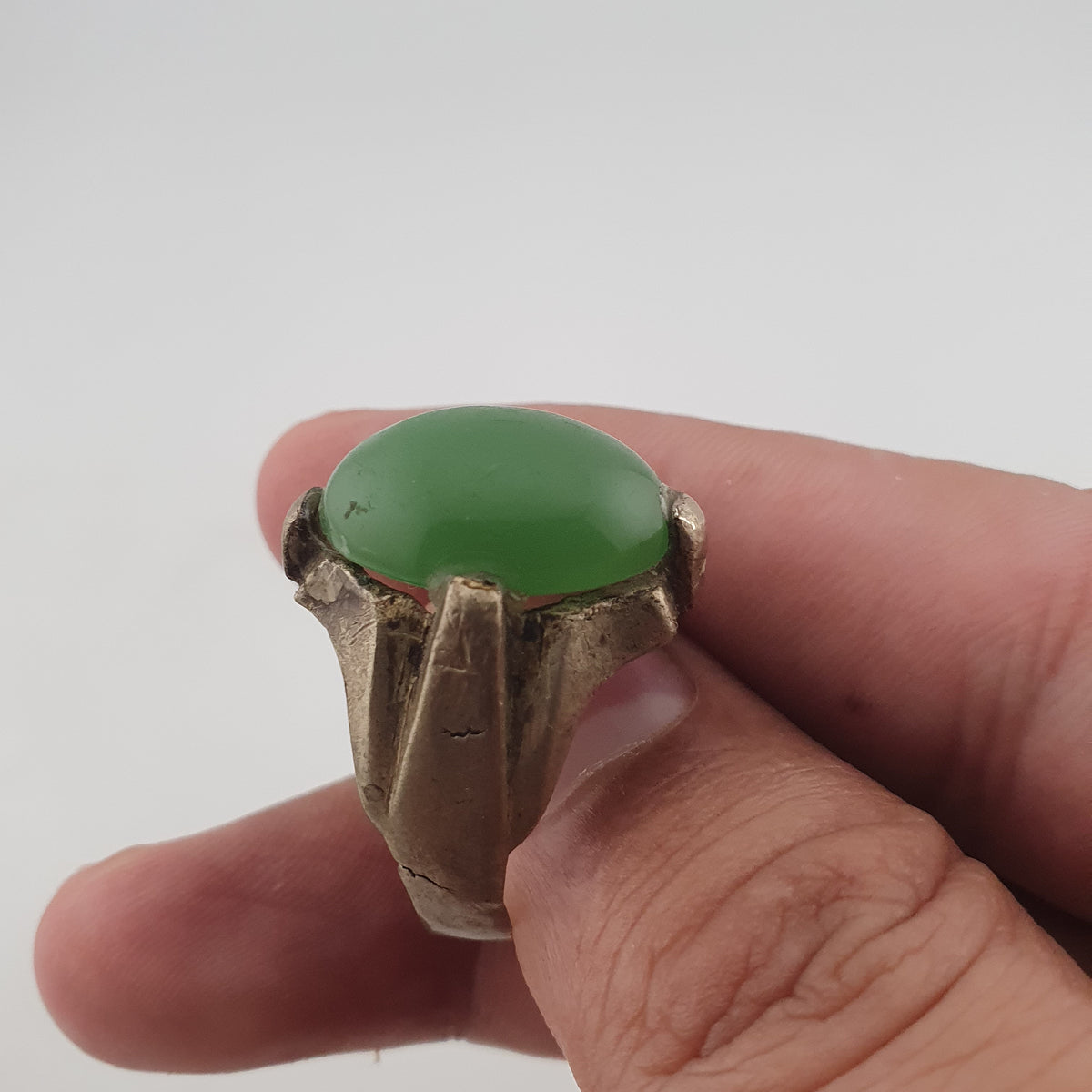 Antique Rustic Brass Ring with Green Jade Stone