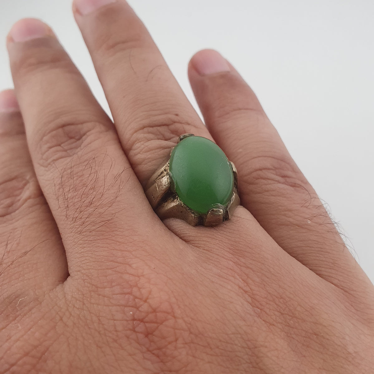 Antique Rustic Brass Ring with Green Jade Stone