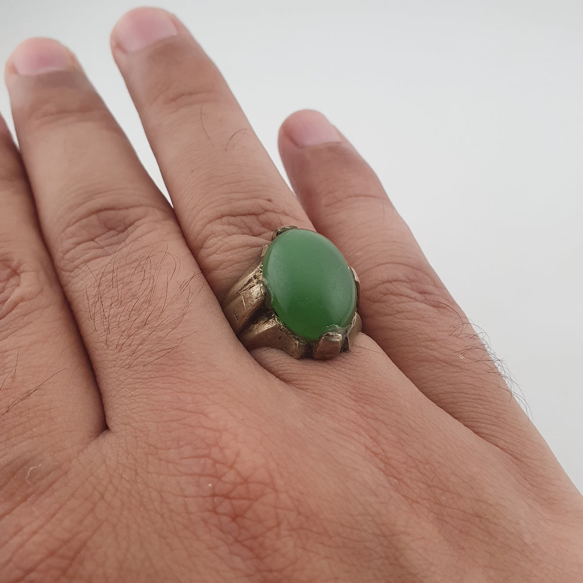 Antique Rustic Brass Ring with Green Jade Stone